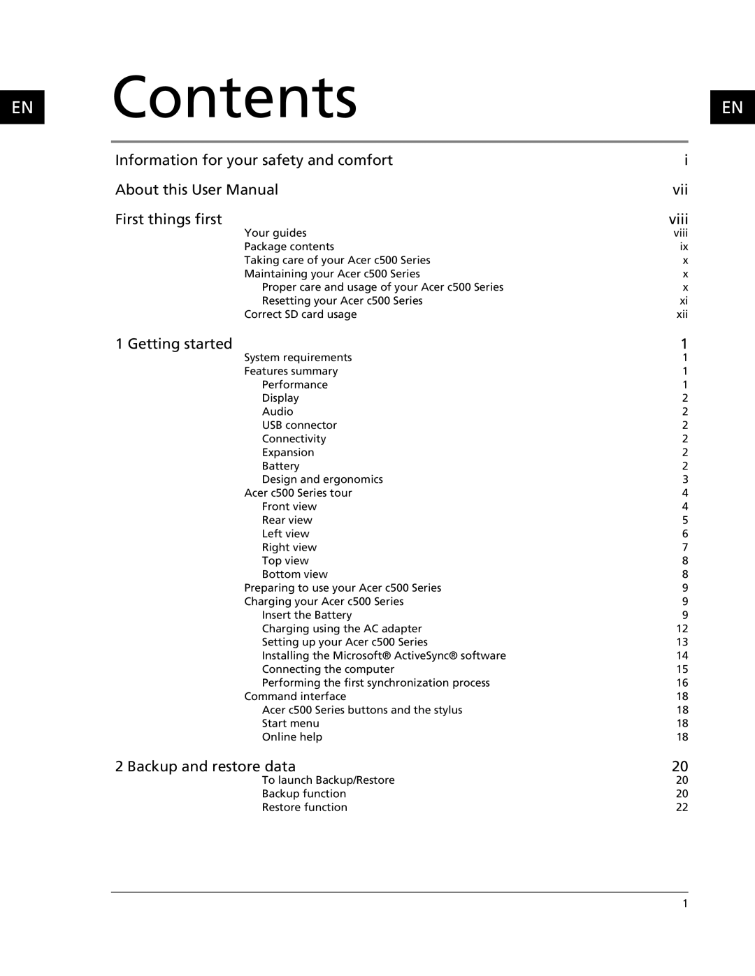 Acer C500 user manual Contents 