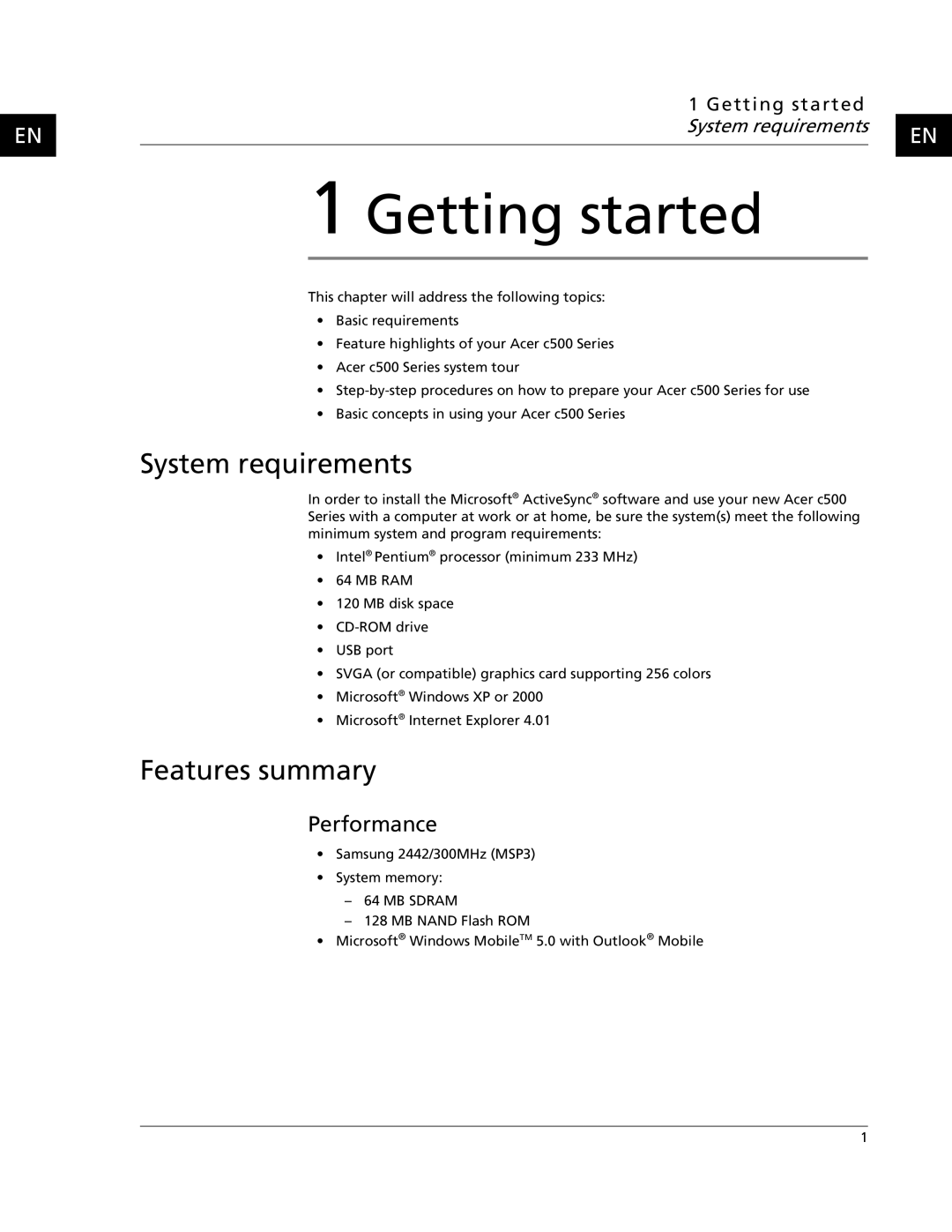 Acer C500 user manual Features summary, Performance, Getting started System requirements 