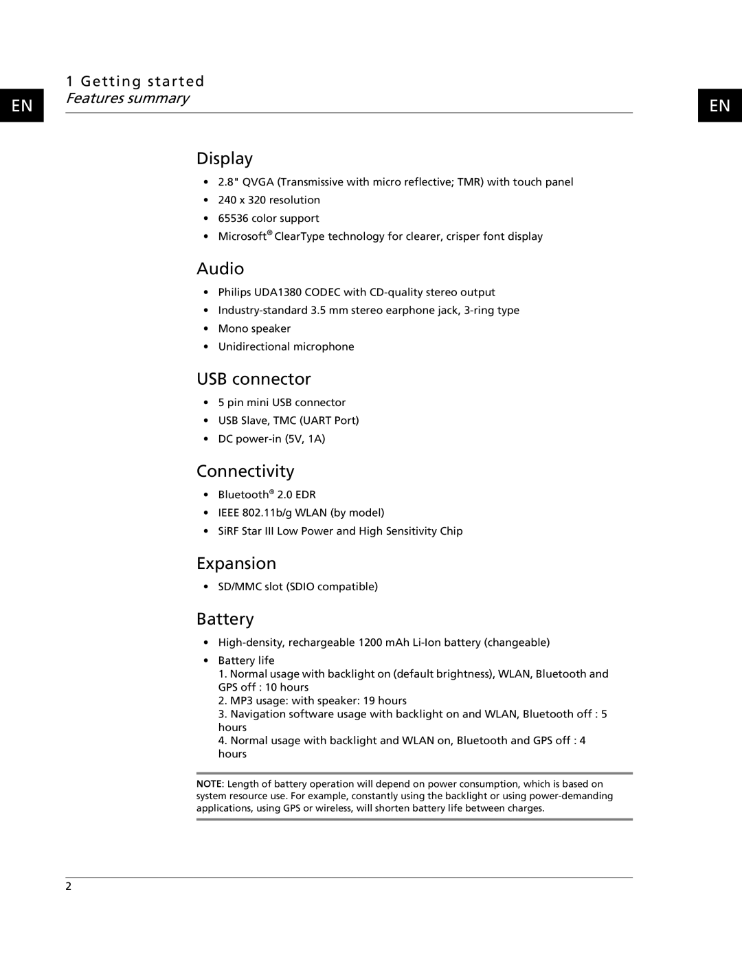 Acer C500 user manual Display, Audio, USB connector, Connectivity, Expansion, Battery 