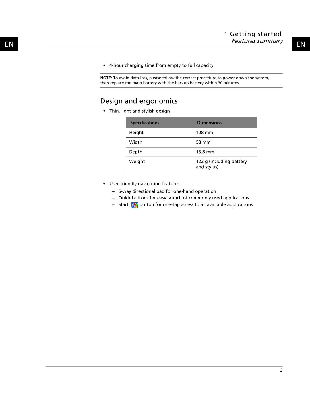 Acer C500 user manual Design and ergonomics, Specifications Dimensions 