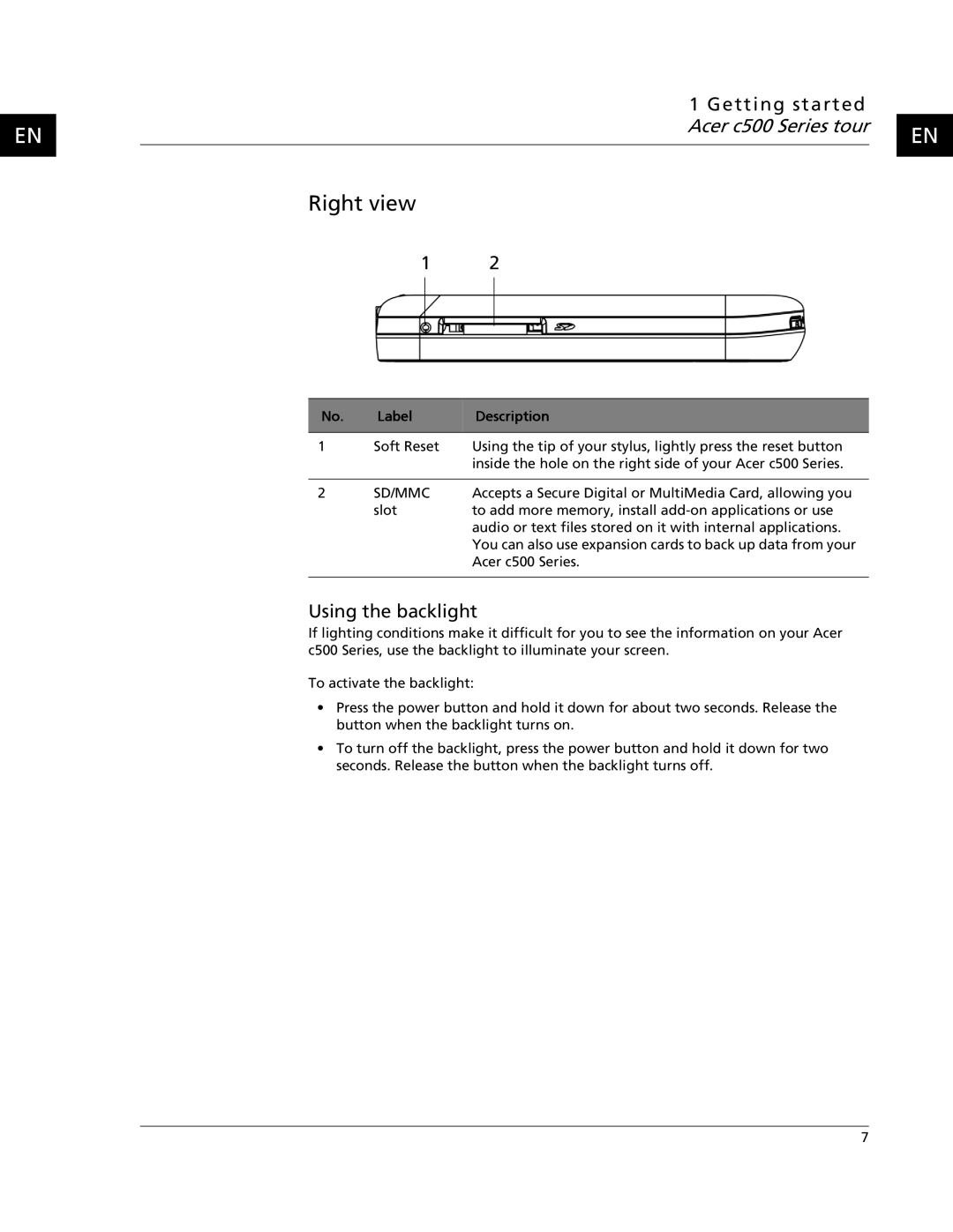 Acer C500 user manual Right view, Using the backlight 