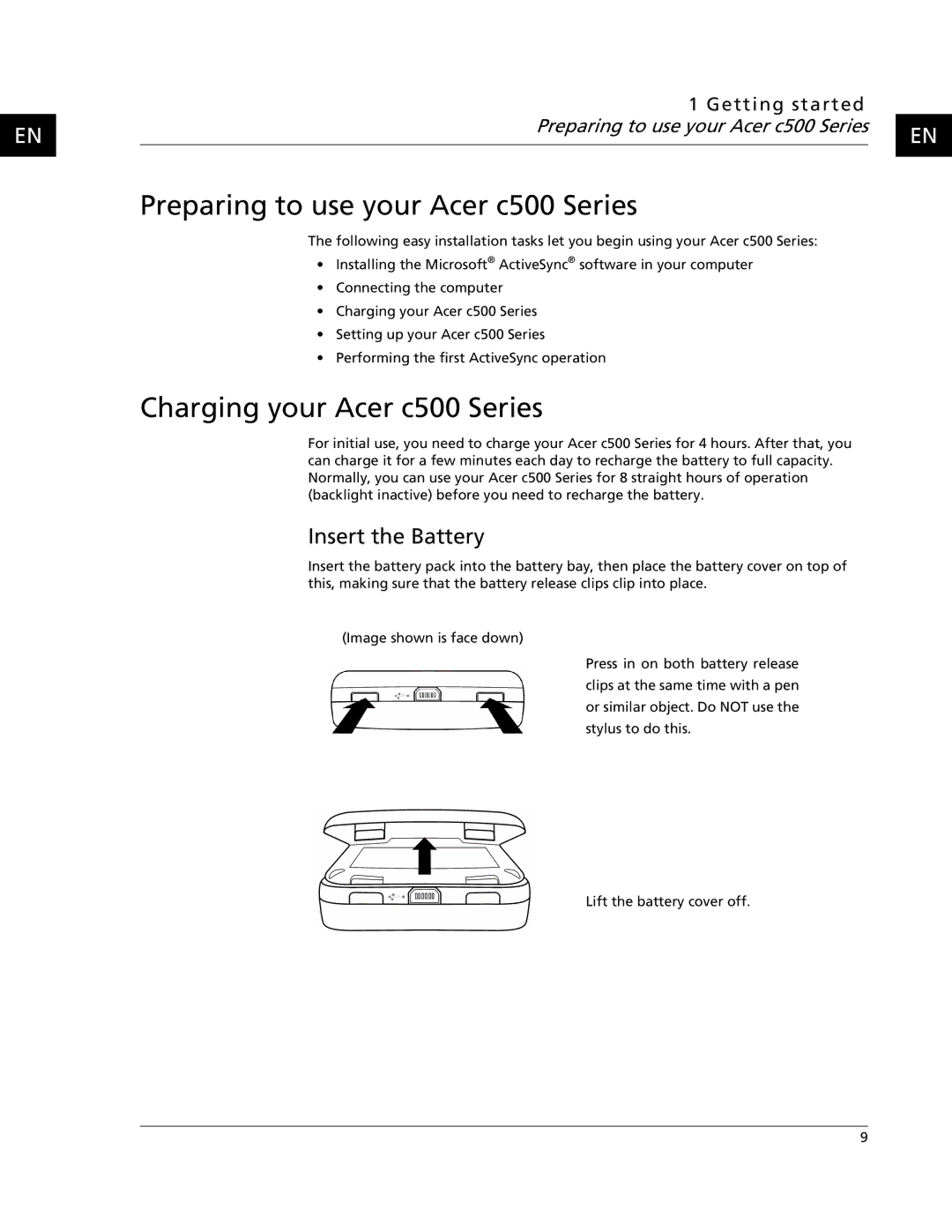 Acer C500 user manual Preparing to use your Acer c500 Series, Charging your Acer c500 Series, Insert the Battery 