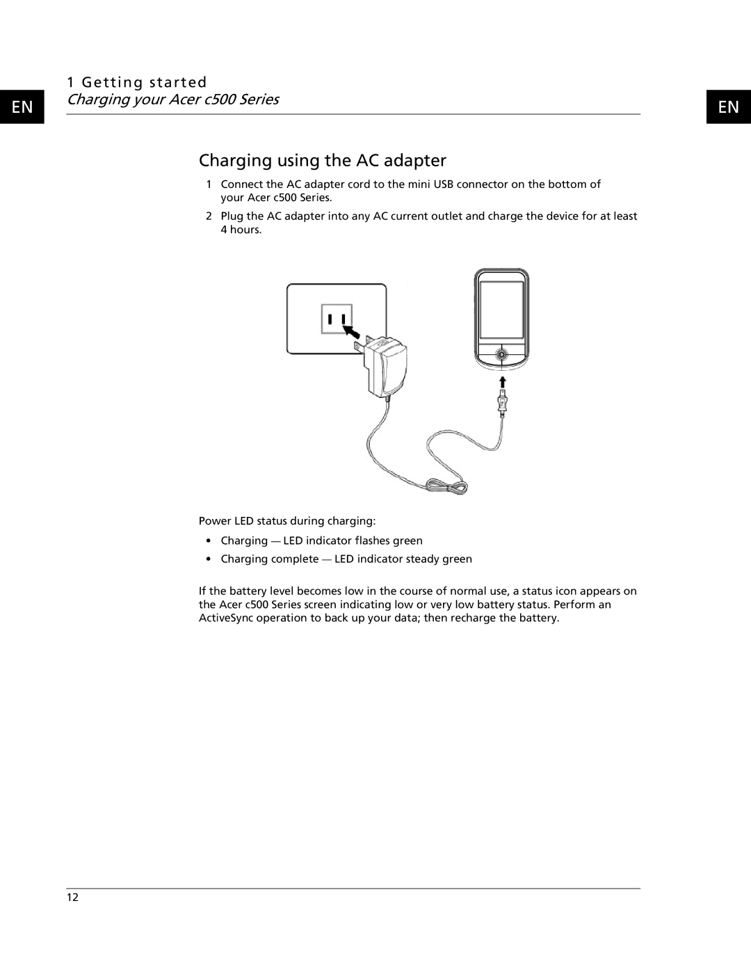 Acer C500 user manual Charging using the AC adapter 