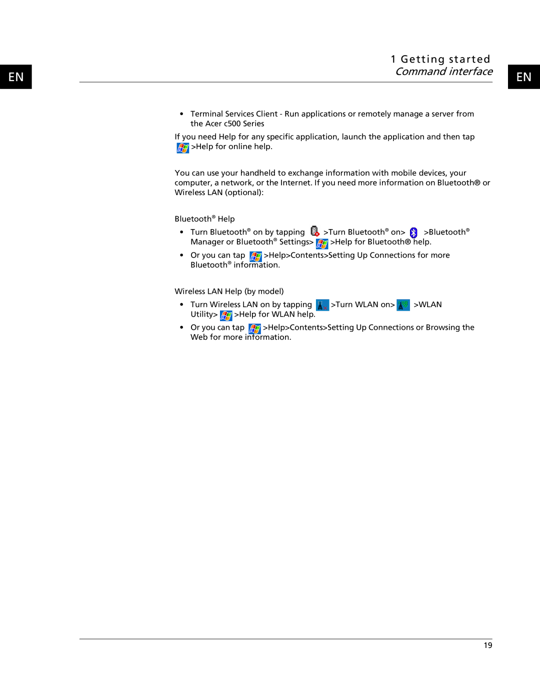 Acer C500 user manual Getting started Command interface 