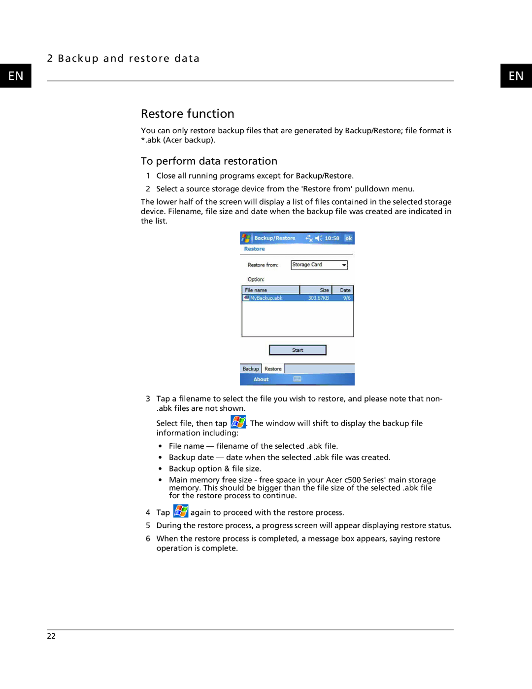 Acer C500 user manual Restore function, To perform data restoration 