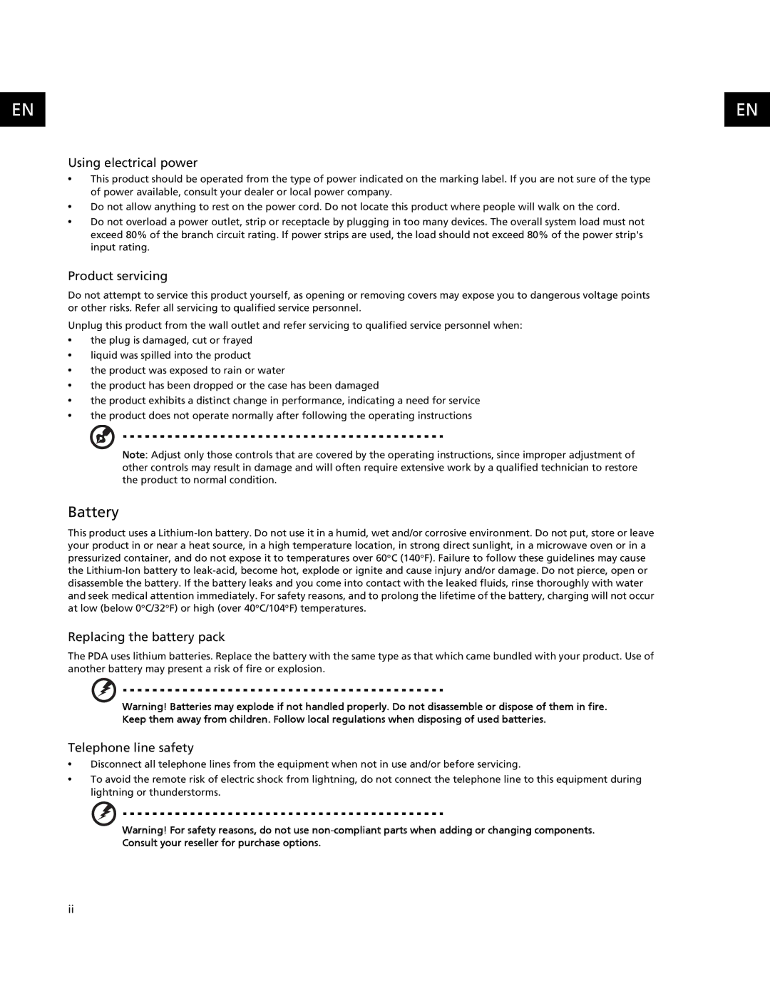 Acer C500 user manual Battery, Using electrical power 