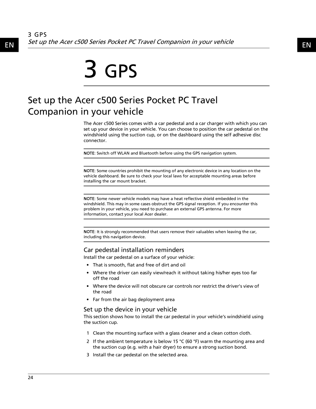 Acer C500 user manual Car pedestal installation reminders, Set up the device in your vehicle 