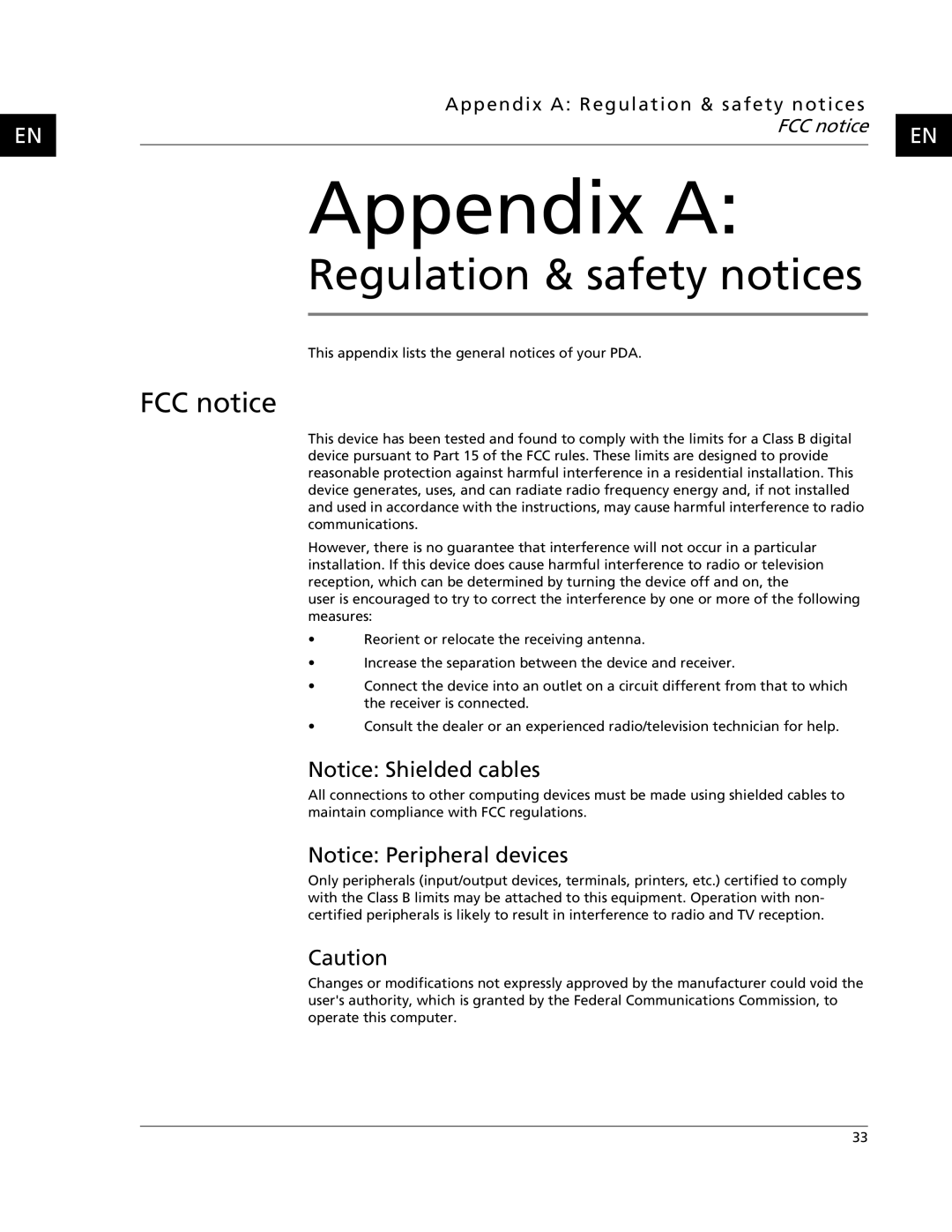 Acer C500 user manual Appendix a, FCC notice 