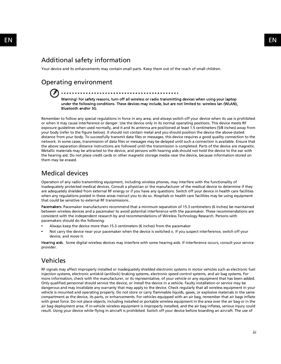 Acer C500 user manual Additional safety information, Operating environment, Medical devices, Vehicles 