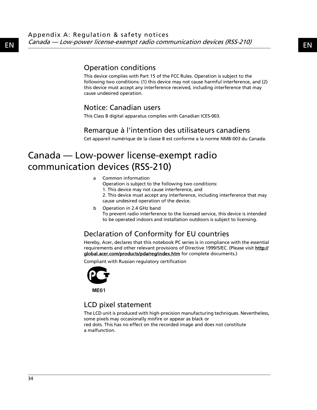 Acer C500 user manual Operation conditions, Remarque à lintention des utilisateurs canadiens, LCD pixel statement 