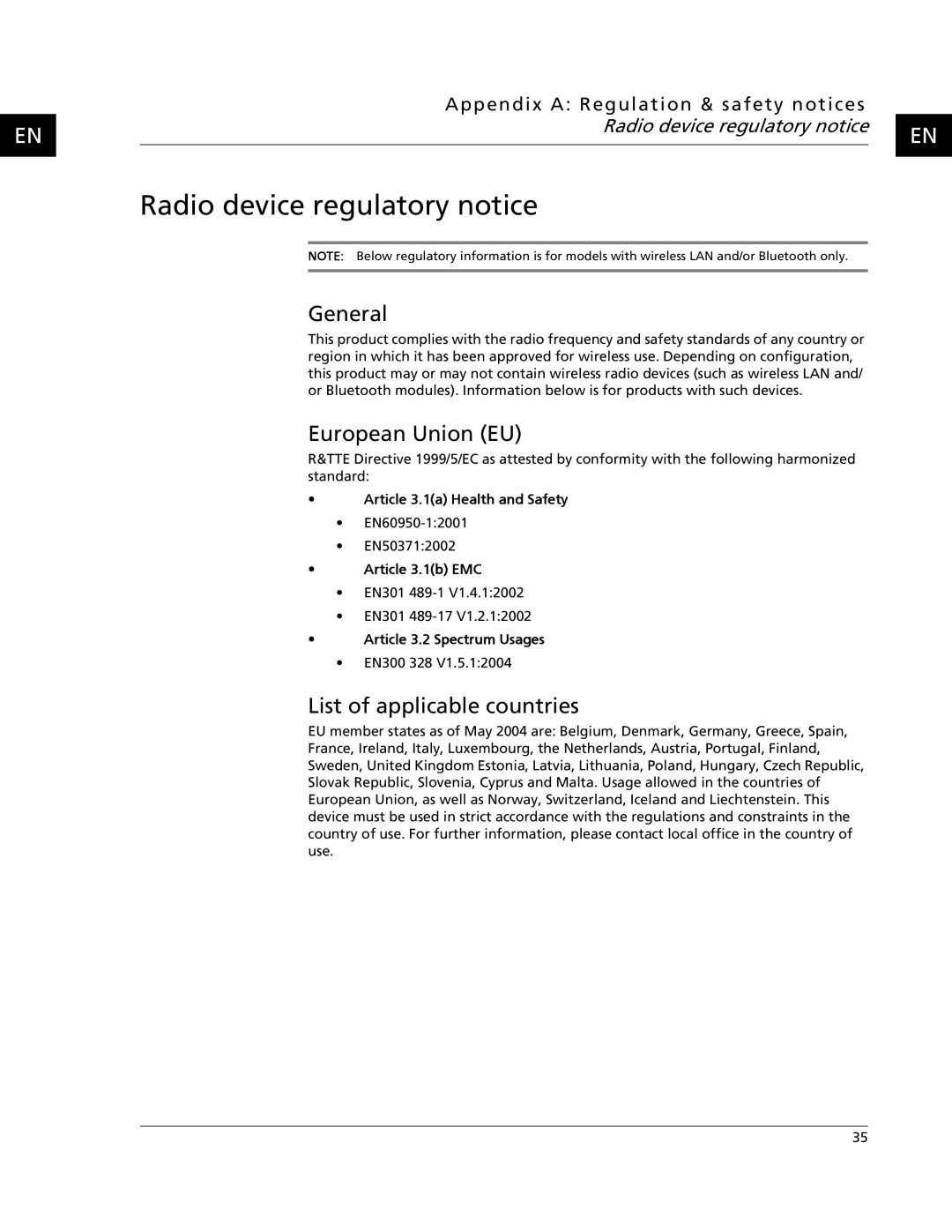 Acer C500 user manual Radio device regulatory notice, General, European Union EU, List of applicable countries 