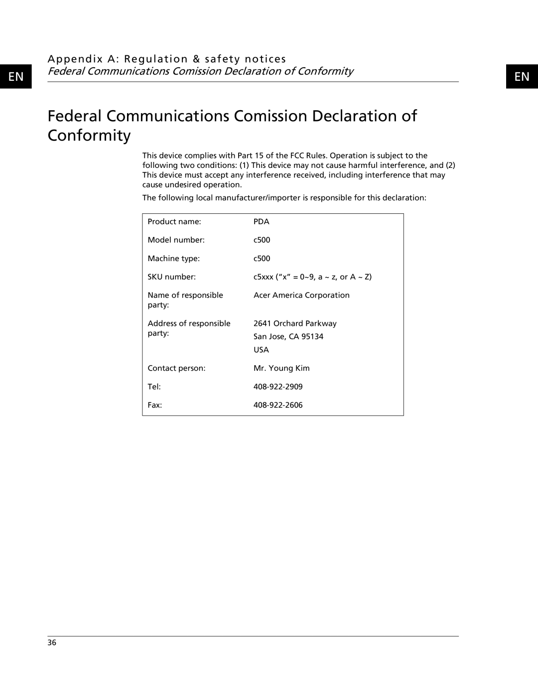 Acer C500 user manual Federal Communications Comission Declaration of Conformity, Pda 