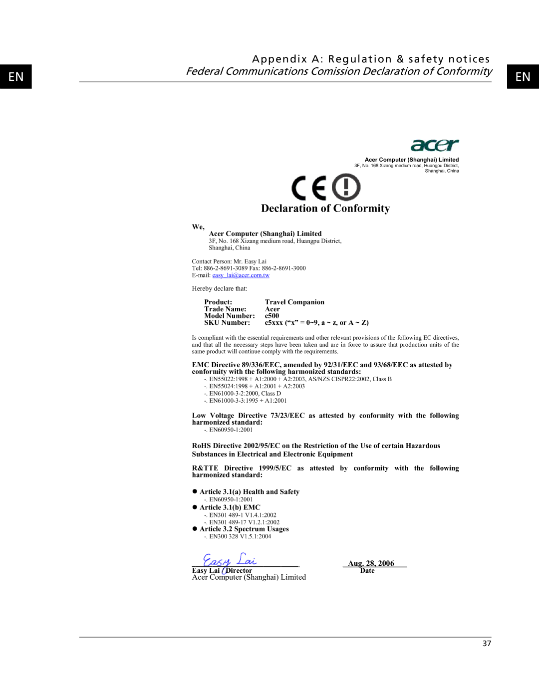 Acer C500 user manual Declaration of Conformity 