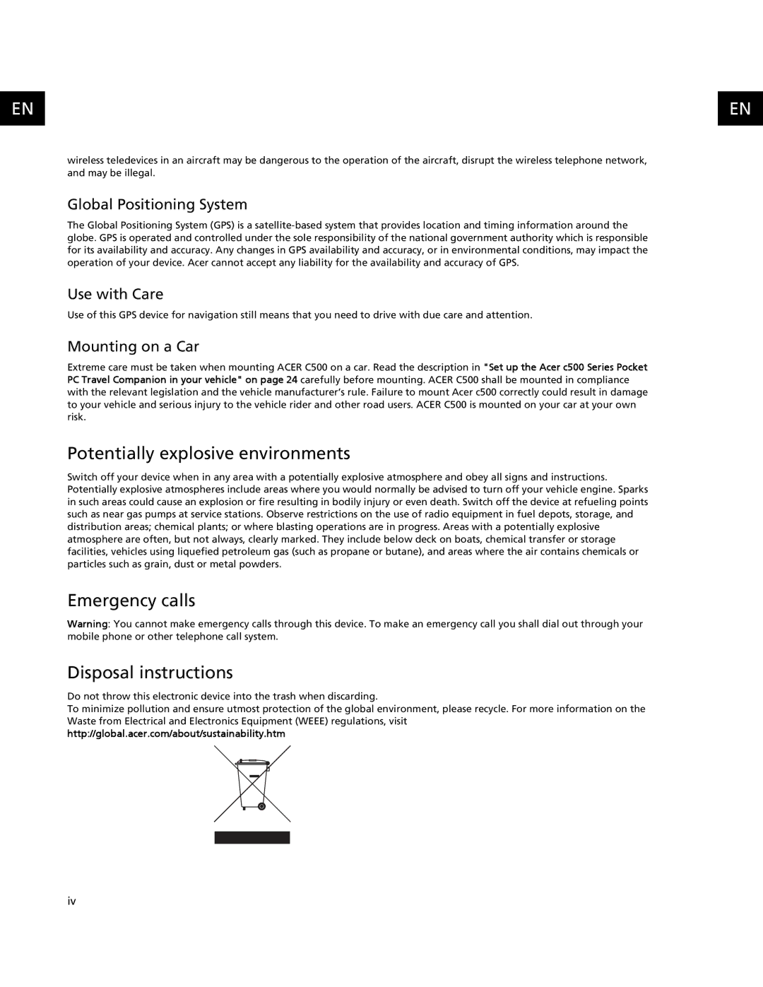 Acer C500 user manual Potentially explosive environments, Emergency calls Disposal instructions, Global Positioning System 