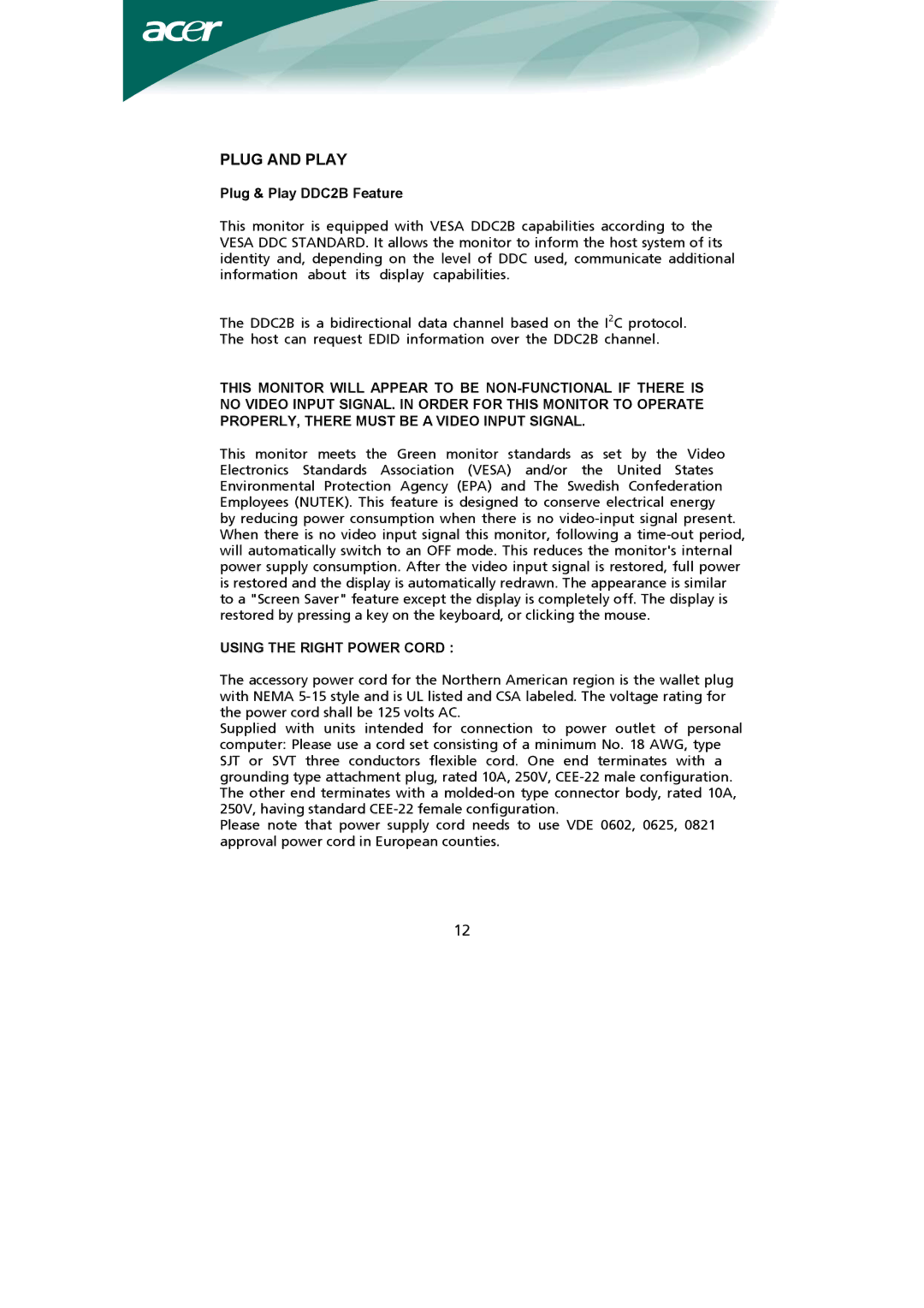 Acer Computer Monitor installation instructions Plug and Play, Plug & Play DDC2B Feature, Using the Right Power Cord 