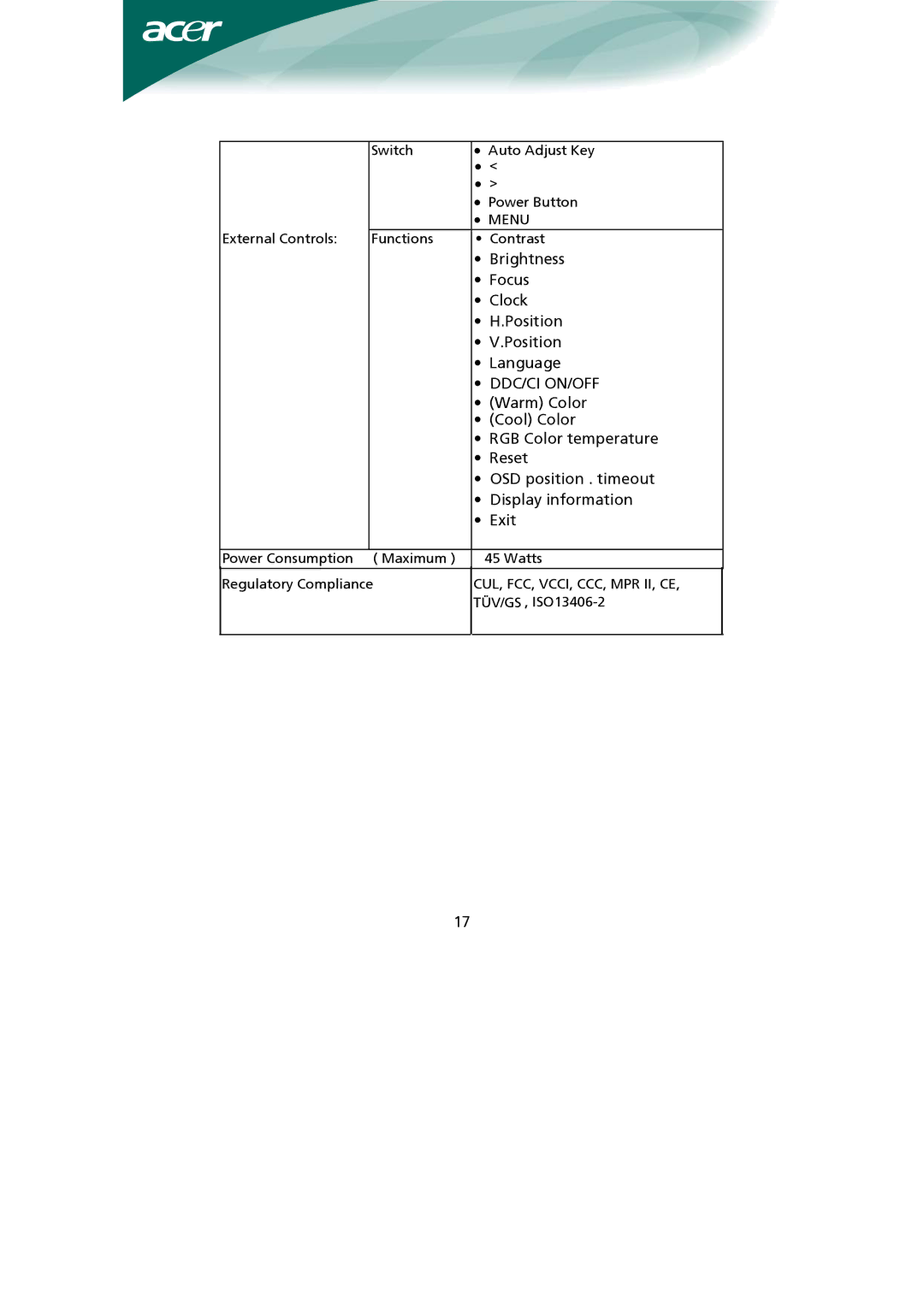 Acer Computer Monitor installation instructions Ddc/Ci On/Off 