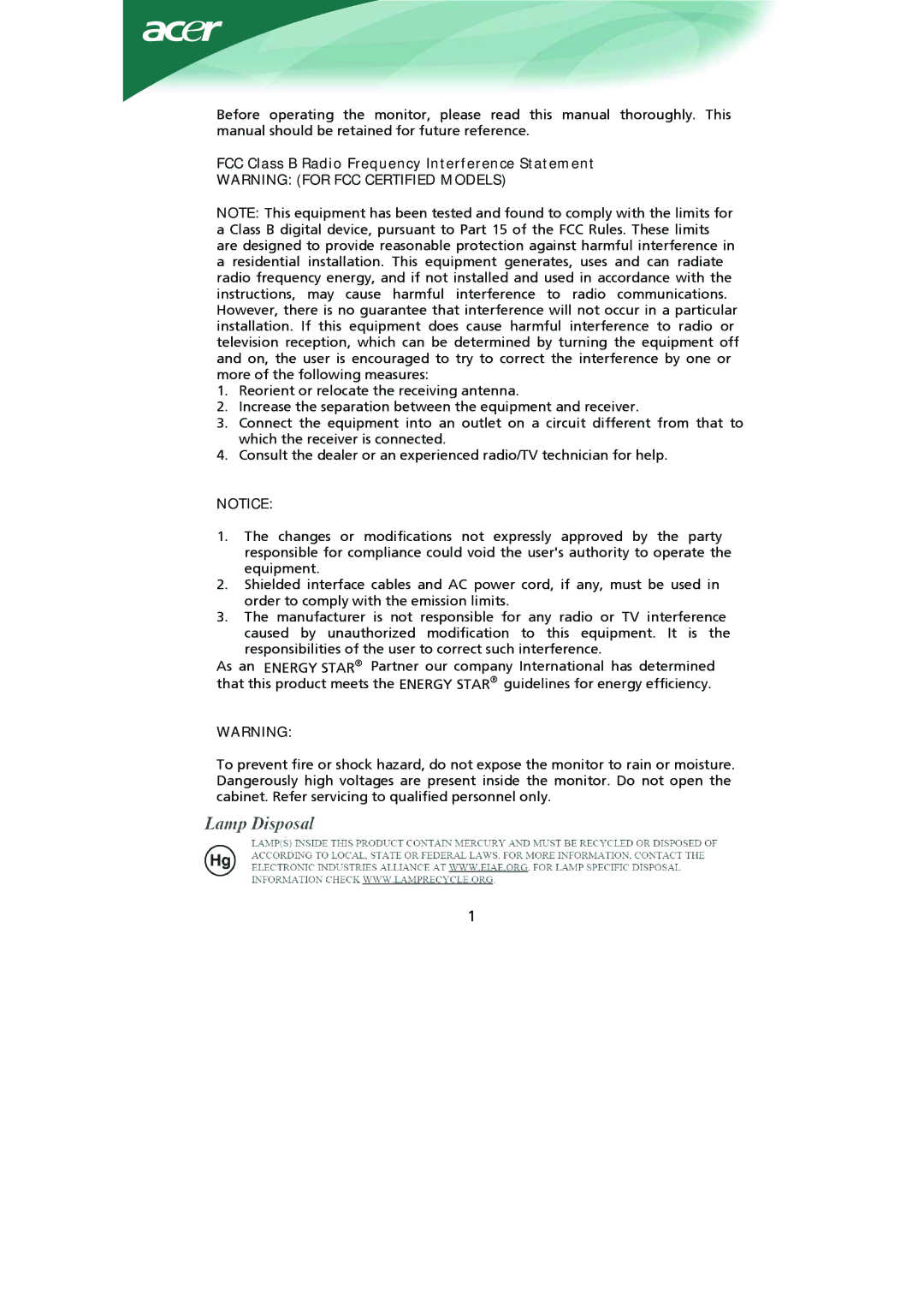 Acer Computer Monitor installation instructions FCC Class B Radio Frequency Interference Statement 