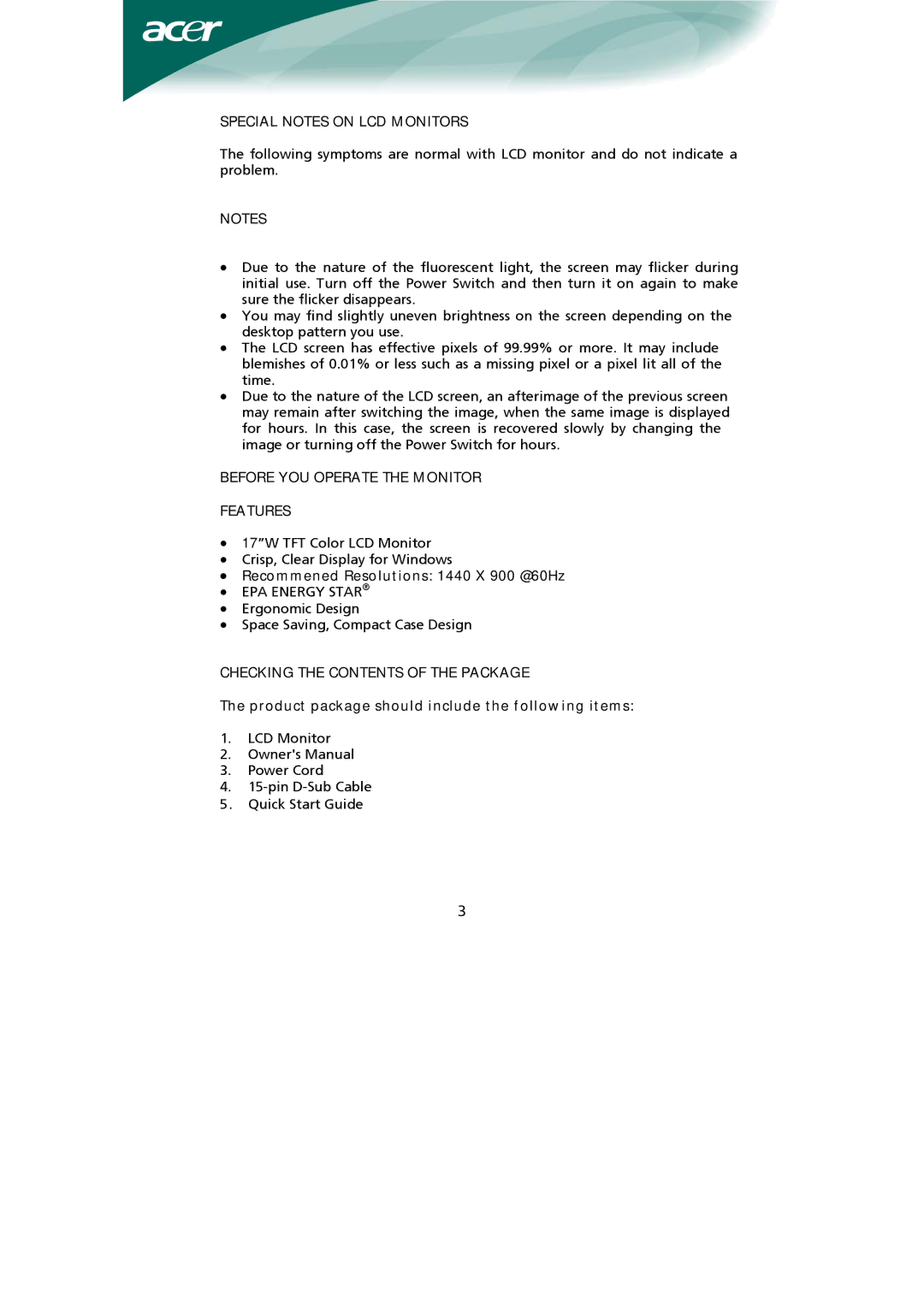 Acer Computer Monitor installation instructions Special Notes on LCD Monitors, Before YOU Operate the Monitor Features 