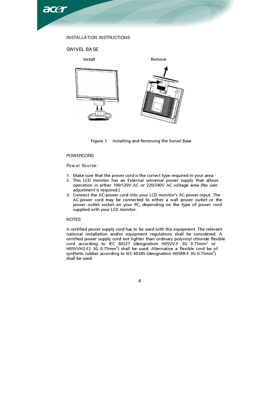 Acer Computer Monitor installation instructions Swivel Base, Installation Instructions, Powercord, Power Source 