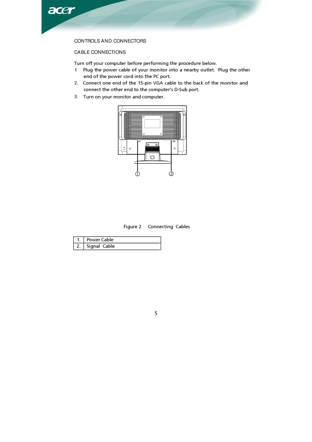 Acer Computer Monitor Controls and Connectors Cable Connections, Connecting Cables Power Cable Signal Cable 