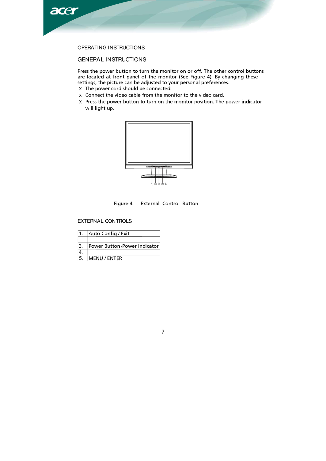 Acer Computer Monitor installation instructions General Instructions, Operating Instructions, External Controls 