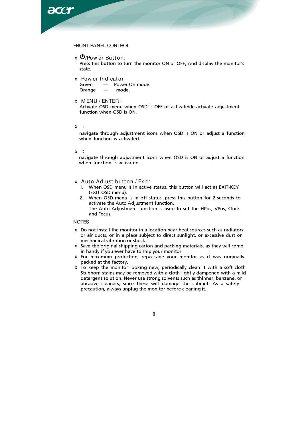 Acer Computer Monitor installation instructions Menu / Enter, Front Panel Control 