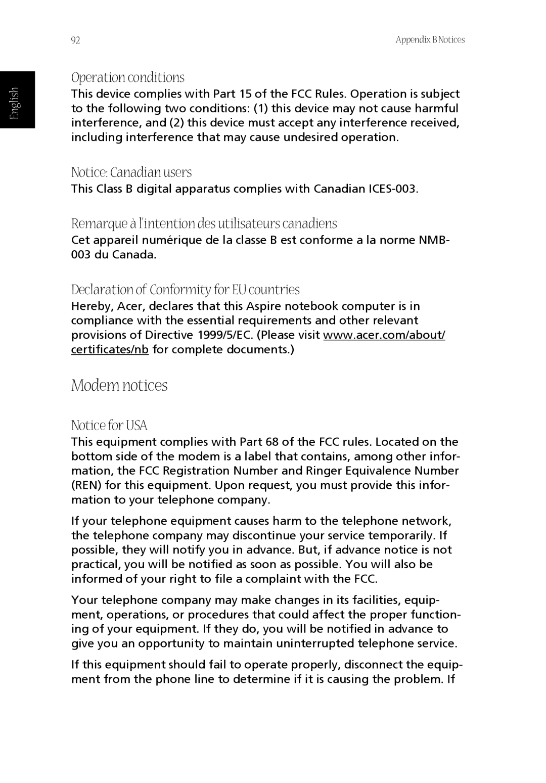 Acer CQ60 manual Modem notices, Operation conditions, Remarque à l’intention des utilisateurs canadiens 