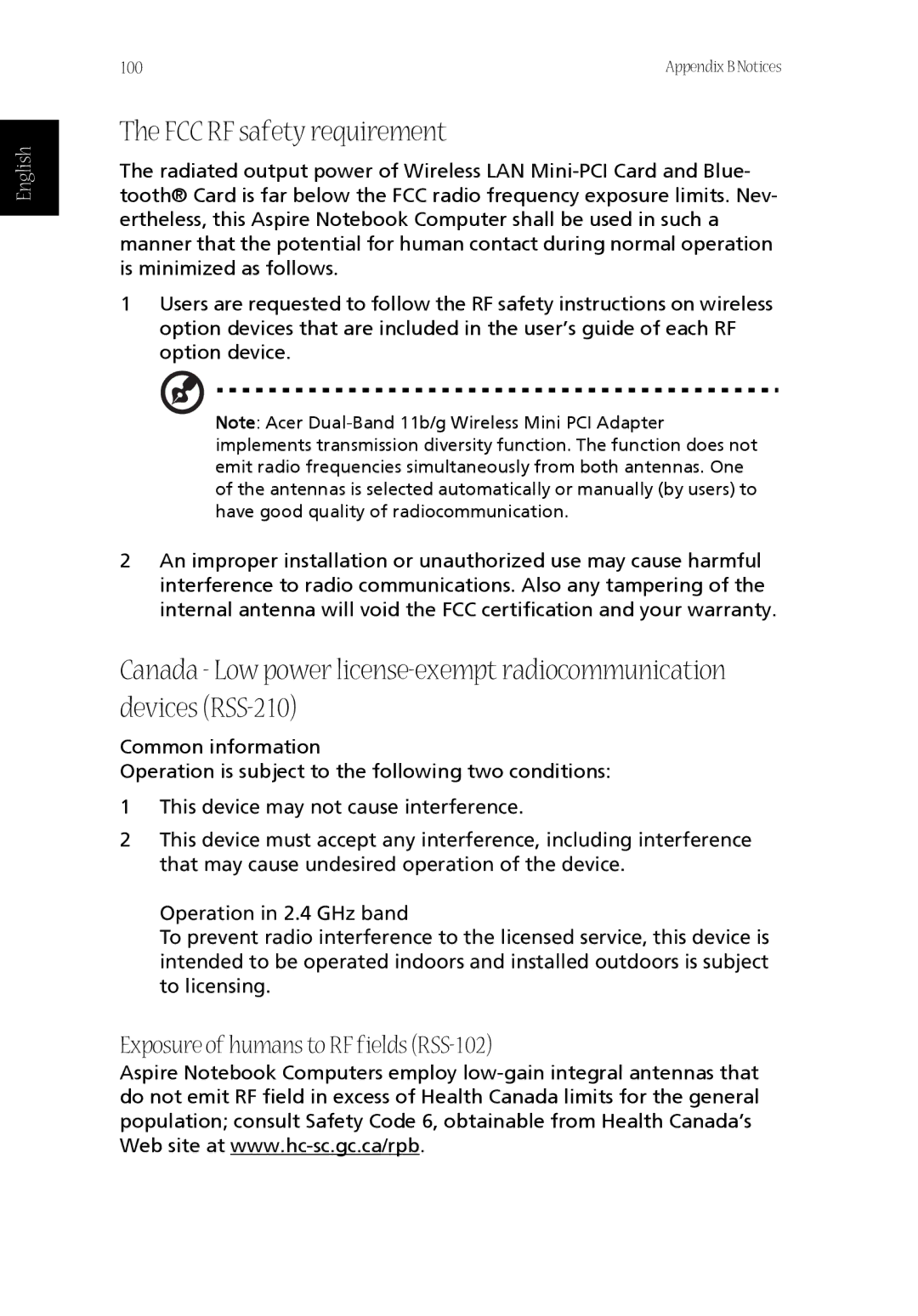 Acer CQ60 manual FCC RF safety requirement, Exposure of humans to RF fields RSS-102 