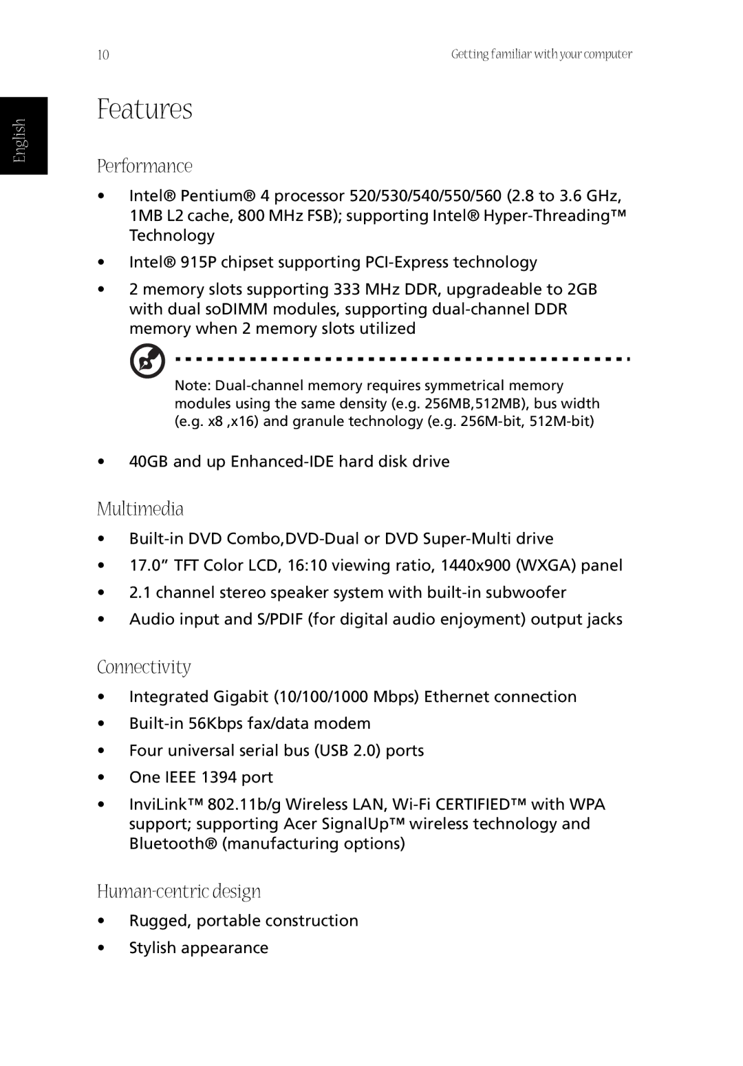 Acer CQ60 manual Features, Performance, Multimedia, Connectivity, Human-centric design 