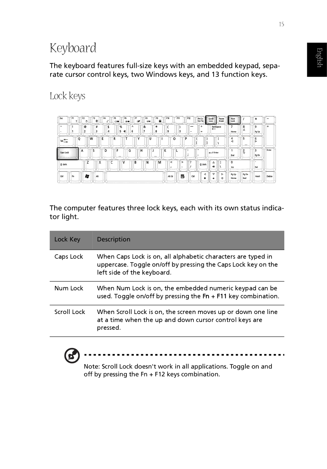 Acer CQ60 manual Keyboard, Lock keys 