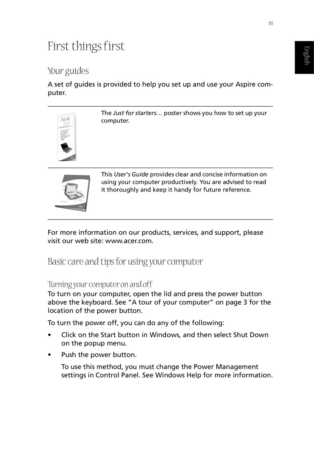 Acer CQ60 First things first, Your guides, Basic care and tips for using your computer, Turning your computer on and off 