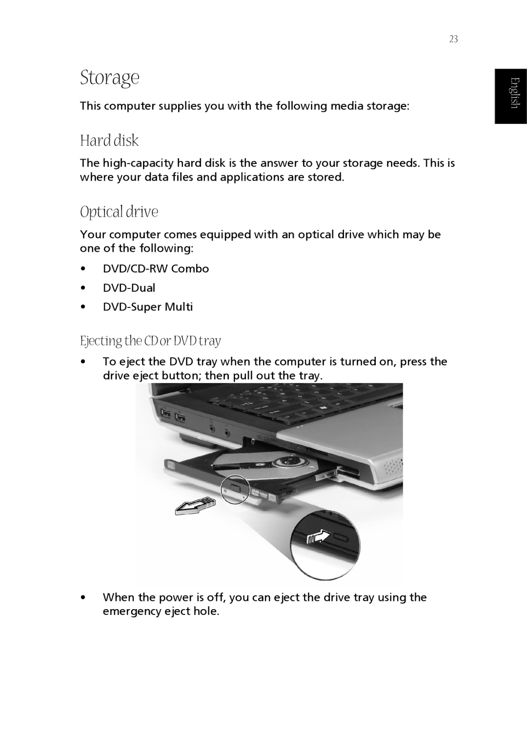 Acer CQ60 manual Storage, Hard disk, Optical drive, Ejecting the CD or DVD tray 