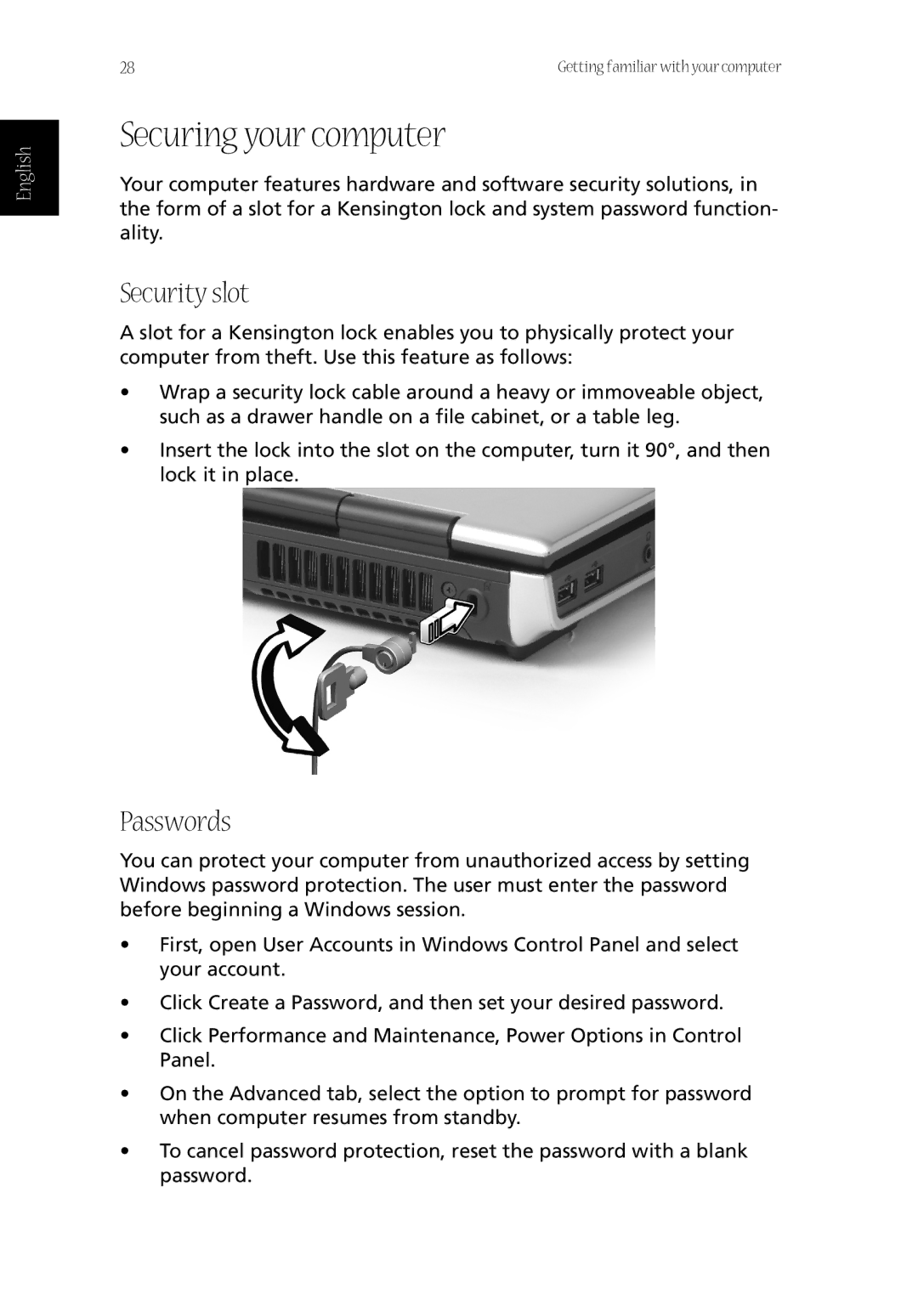 Acer CQ60 manual Securing your computer, Security slot, Passwords 