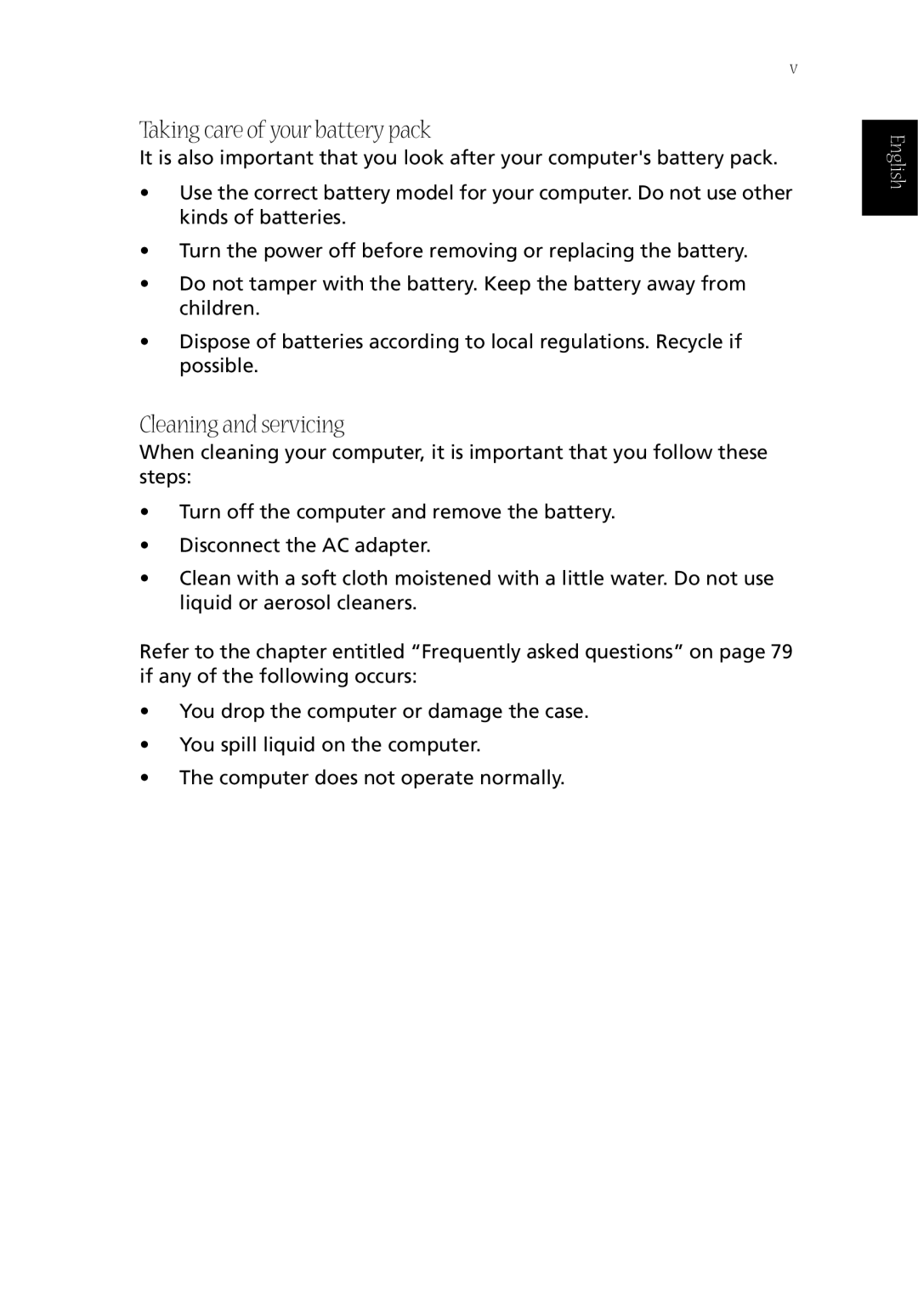 Acer CQ60 manual Taking care of your battery pack, Cleaning and servicing 