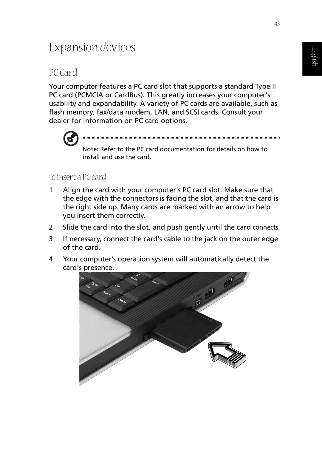 Acer CQ60 manual Expansion devices, PC Card, To insert a PC card 