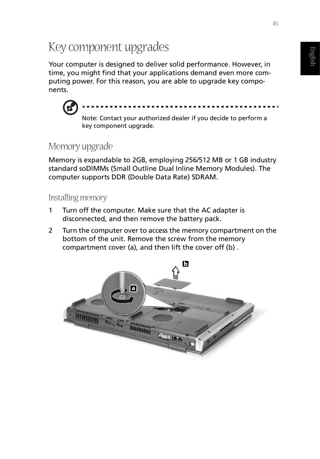 Acer CQ60 manual Key component upgrades, Memory upgrade, Installing memory 