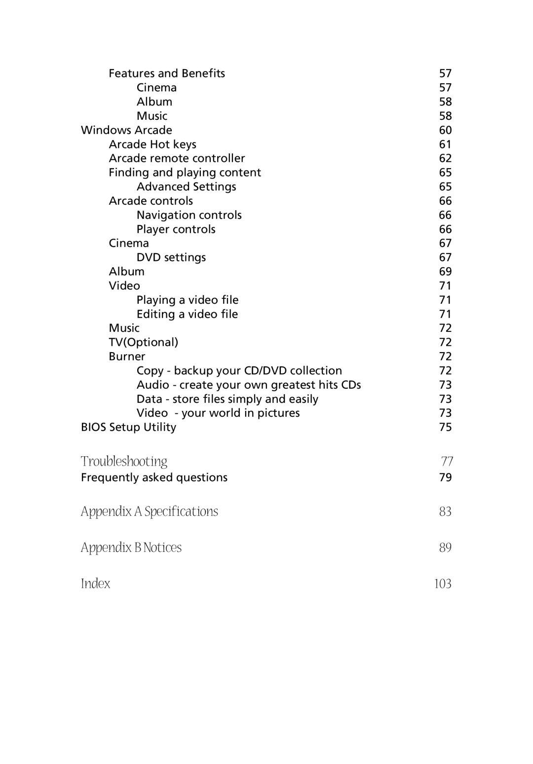 Acer CQ60 manual Troubleshooting, Appendix a Specifications Appendix B Notices Index 103 