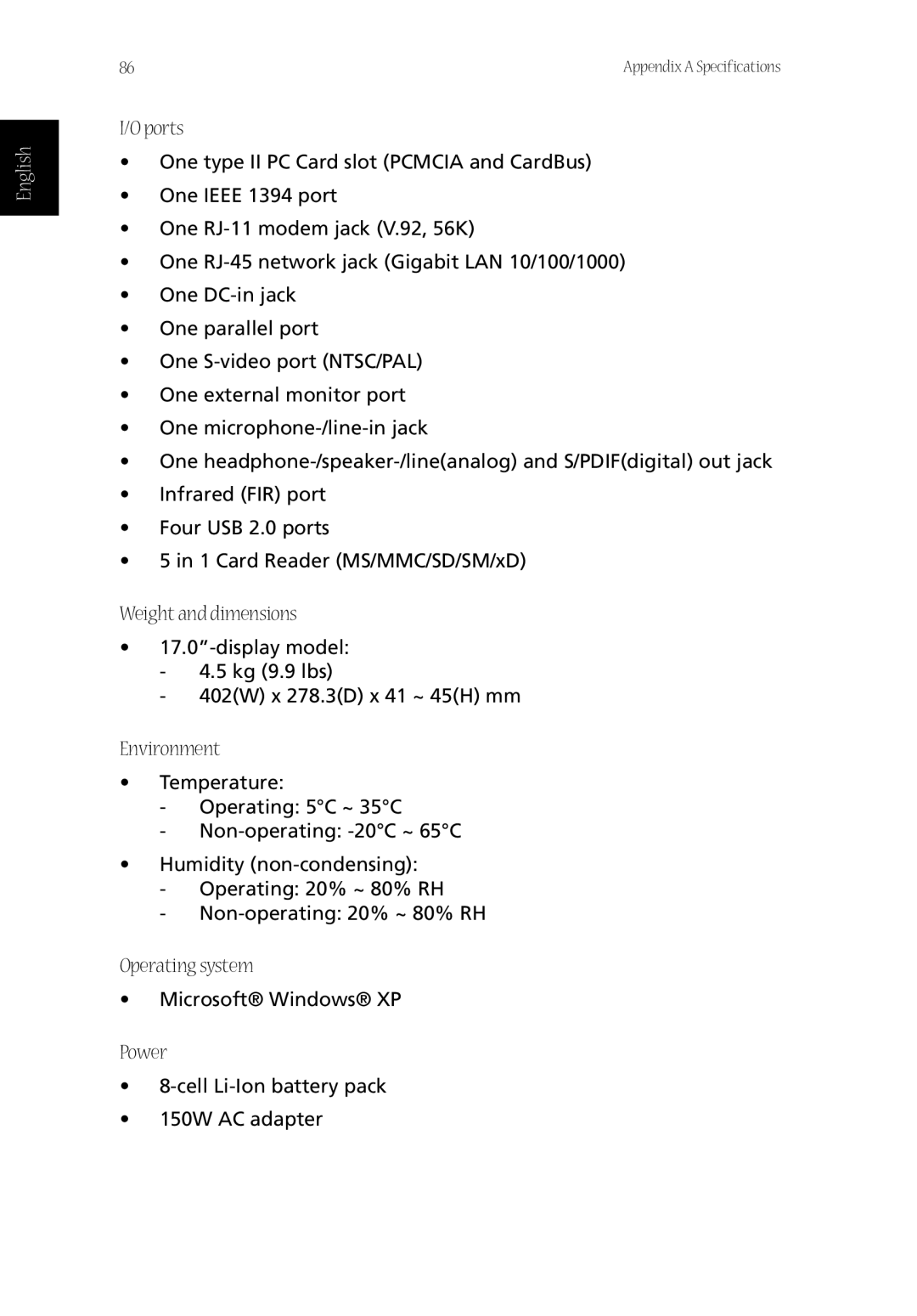 Acer CQ60 manual Ports, Weight and dimensions, Environment, Operating system, Power 