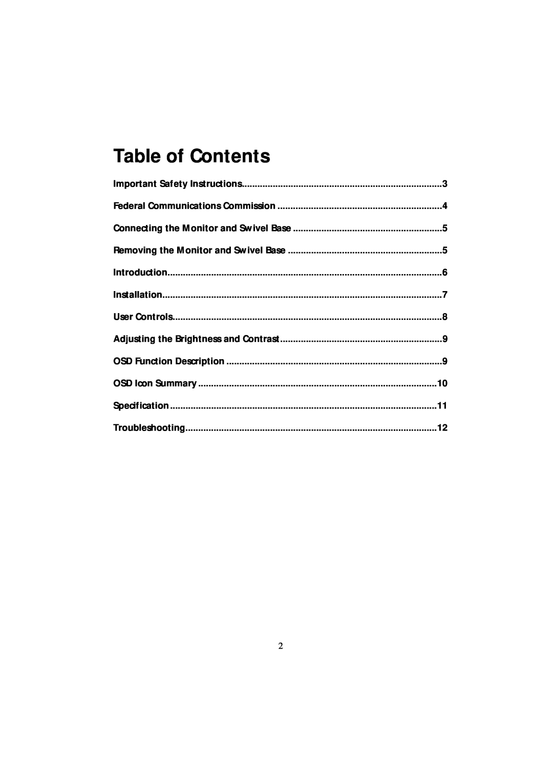 Acer CRT Monitor manual Table of Contents 