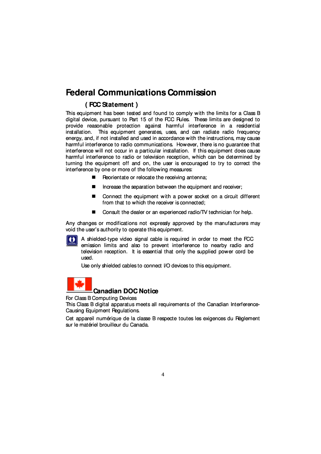 Acer CRT Monitor manual Federal Communications Commission, FCC Statement, Canadian DOC Notice 