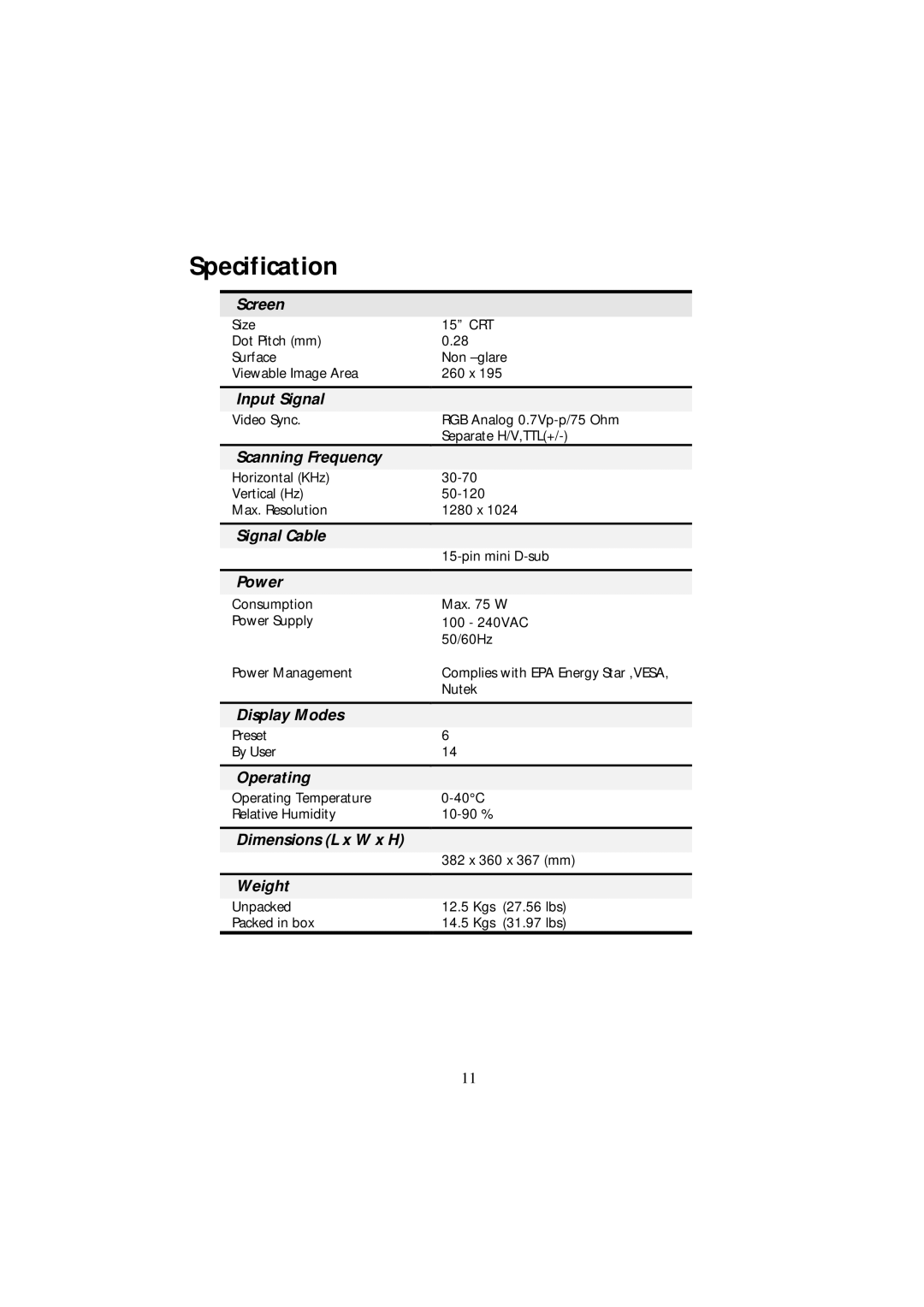 Acer CRT Monitor manual Specification, Power 