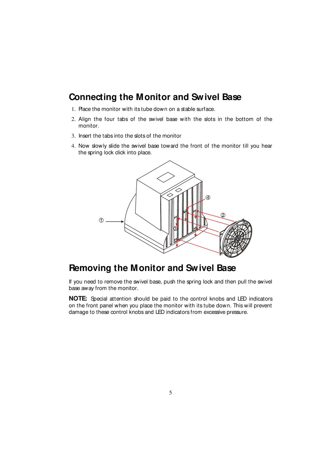 Acer CRT Monitor manual Connecting the Monitor and Swivel Base, Removing the Monitor and Swivel Base 