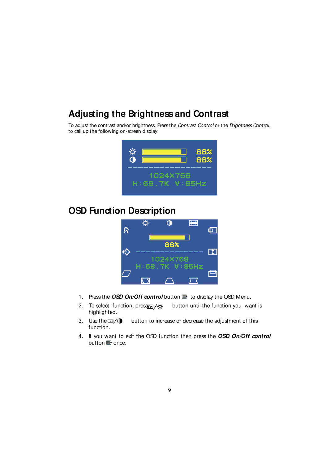 Acer CRT Monitor manual Adjusting the Brightness and Contrast, OSD Function Description 