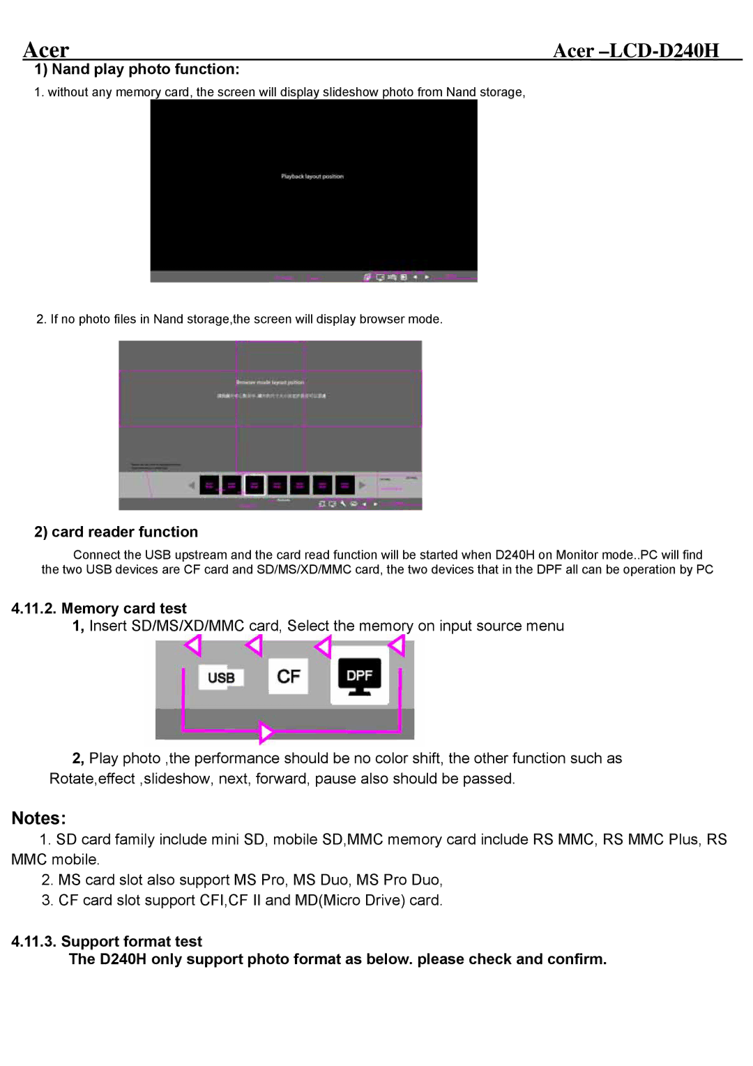 Acer D240H service manual Nand play photo function, Card reader function, Memory card test 