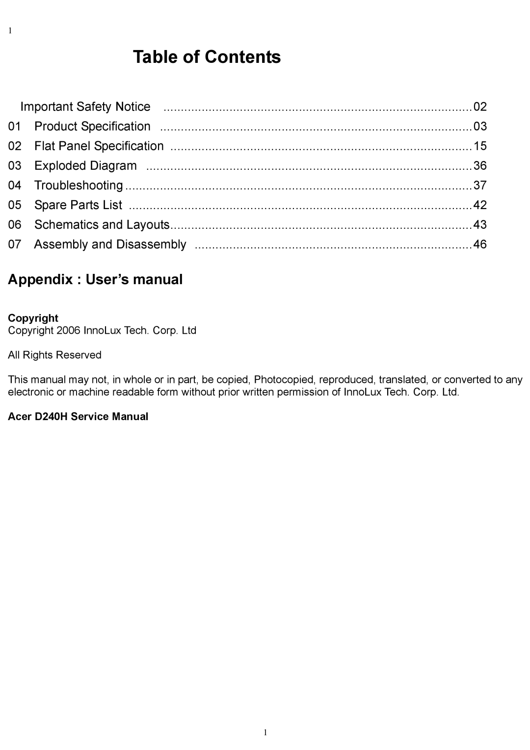 Acer D240H service manual Table of Contents 