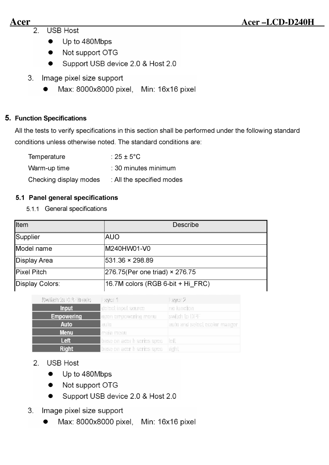 Acer D240H service manual Function Specifications, Panel general specifications 