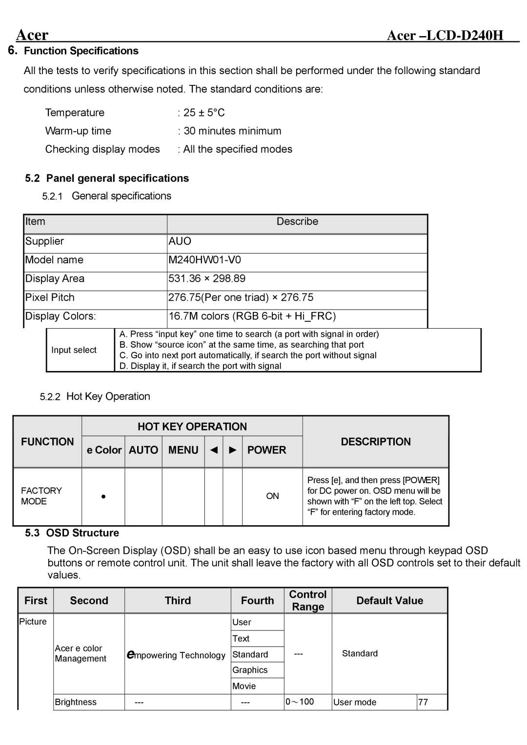 Acer D240H service manual OSD Structure, First Second Third Fourth Control Range Default Value 