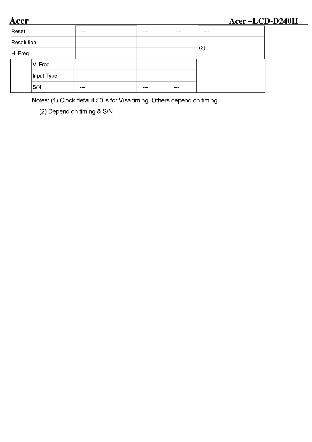 Acer D240H service manual Depend on timing & S/N 