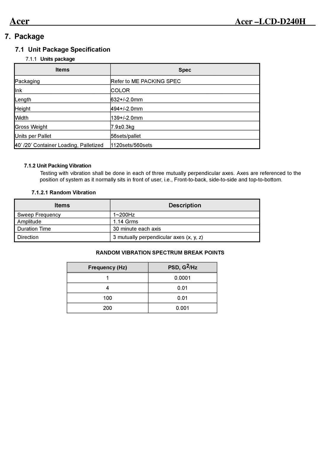 Acer D240H service manual Unit Package Specification, Units package Items Spec, Unit Packing Vibration, Random Vibration 