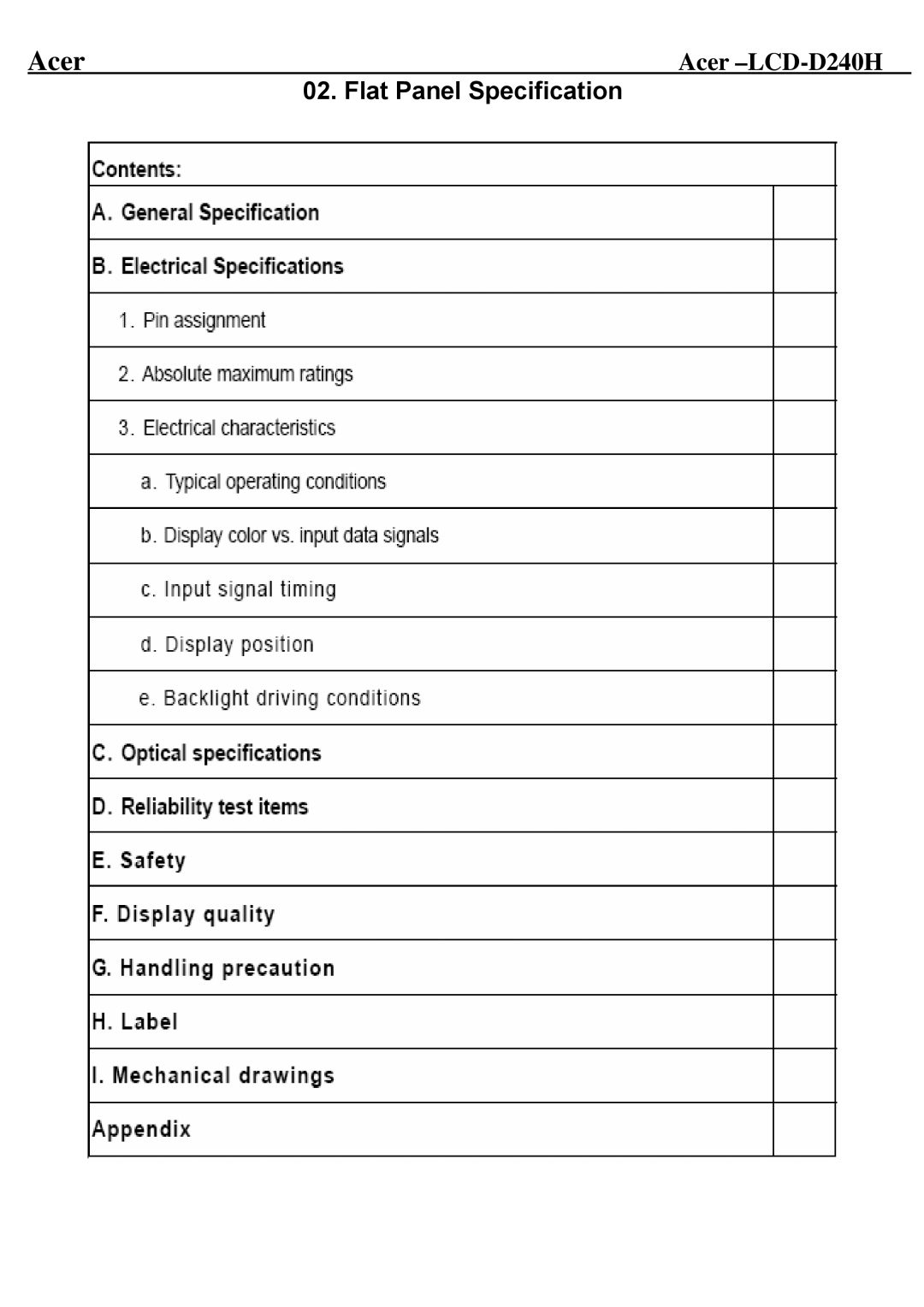 Acer D240H service manual Flat Panel Specification 